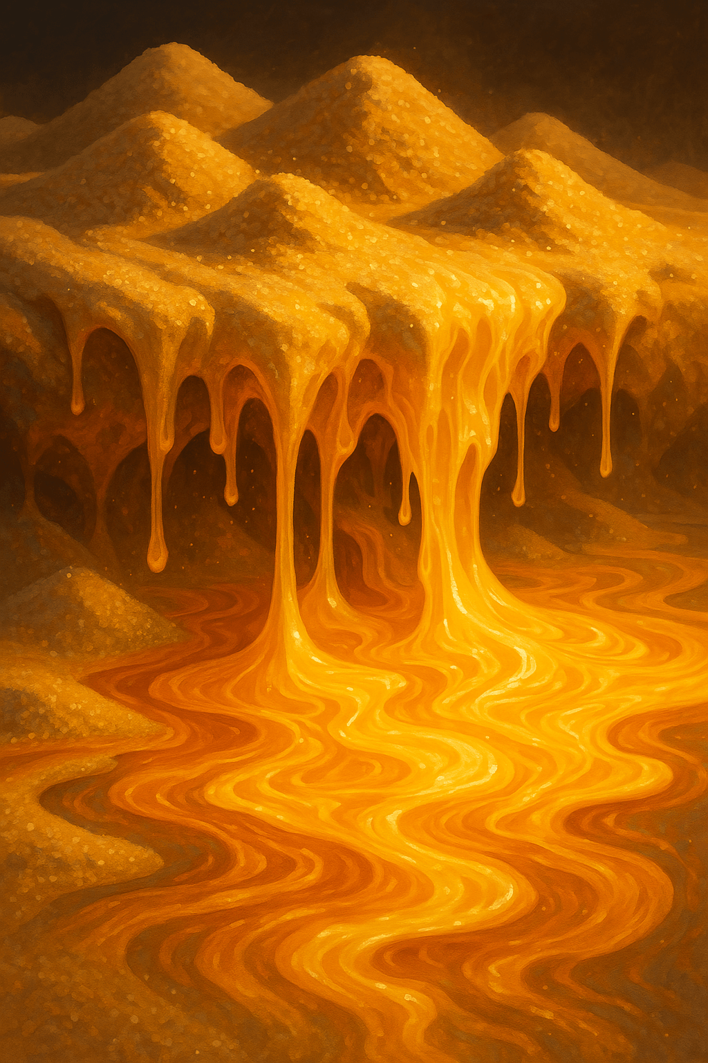 An image showing melting into a river mountains of sand.