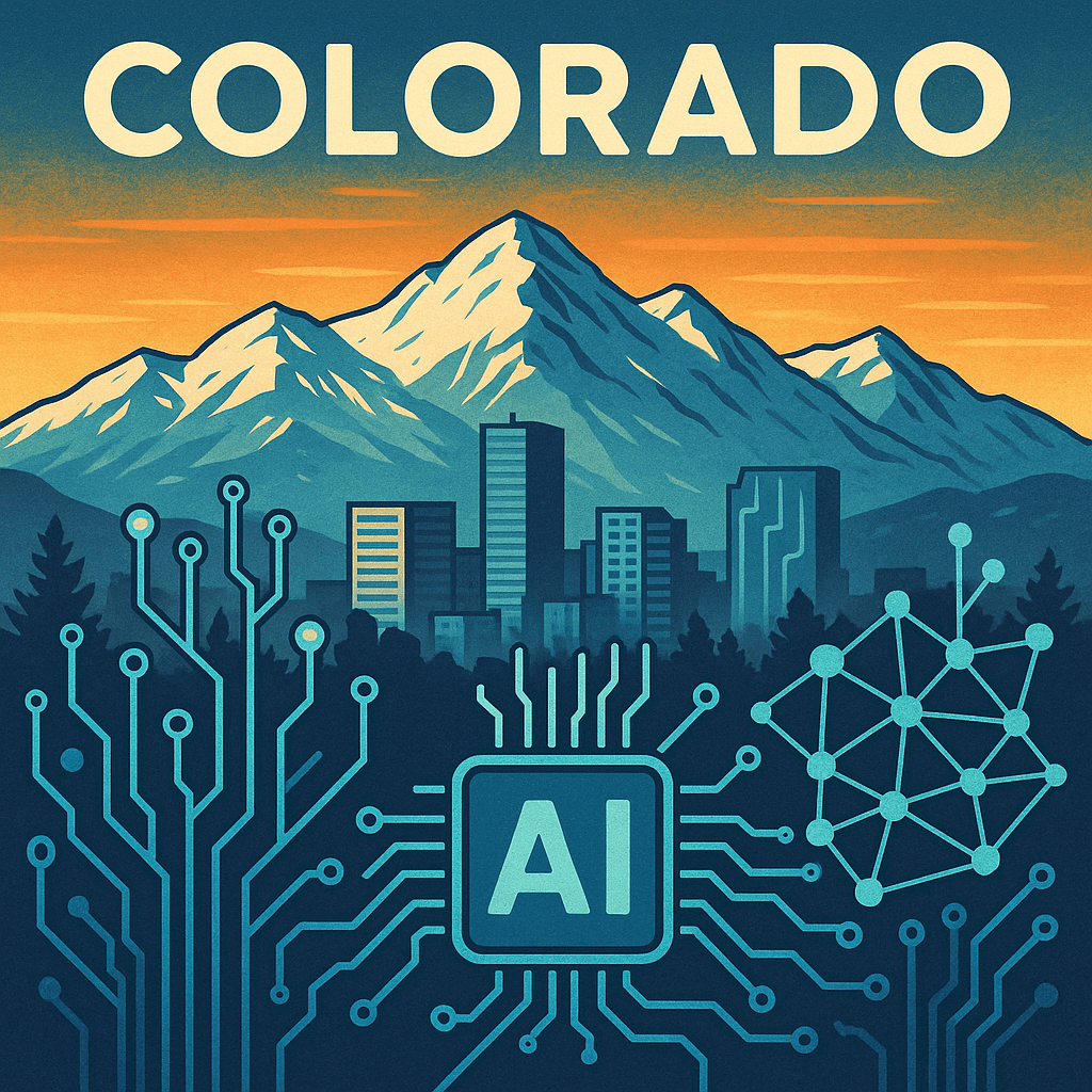 An illustrated scene shows the Colorado mountains at sunrise behind a modern city skyline. In the foreground, stylized circuit lines and a microchip labeled “AI” represent artificial intelligence technology. The word “Colorado” appears at the top of the image.