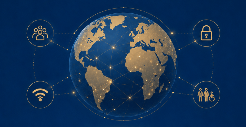 The image is a wide, horizontal digital illustration with a dark navy-blue background. At the center is a large, glowing globe showing Europe, Africa, parts of Asia, North America, and South America. The landmasses are rendered in warm gold, while the oceans are deep blue. Across the globe, many small golden lights are connected by thin lines, creating a network-like pattern. The lights suggest digital connections, communication, data exchange, and global interdependence. Several brighter points glow more strongly, especially around Europe, Africa, and the Atlantic region. Around the globe are four circular icons connected to the central network by dotted golden lines: In the upper left, there is an icon of a group of people, suggesting community, society, participation, or collective action. In the lower left, there is a Wi-Fi symbol, suggesting internet access, connectivity, digital infrastructure, or online communication. In the upper right, there is a padlock icon, suggesting cybersecurity, privacy, data protection, or digital safety. In the lower right, there is an icon showing people, including a wheelchair accessibility symbol, suggesting inclusion, accessibility, disability rights, and equal participation. The overall visual impression is clean, polished, and futuristic. It communicates the idea of a globally connected digital world shaped by community, access, security, and inclusion. The gold-and-blue color palette gives the image a formal, institutional, and technology-oriented feel, suitable for themes such as digital governance, global cooperation, digital rights, or the UN Global Digital Compact.
