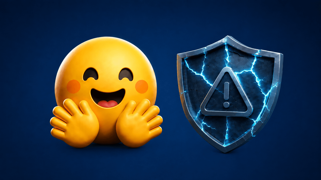 A clean digital illustration on a smooth dark navy-blue background. On the left side is a large, bright yellow smiling face shaped like the Hugging Face logo. It has closed, happy eyes, orange blush circles on its cheeks, and an open smiling mouth. Two rounded yellow hands are raised in front, giving the impression of a hug. On the right side is a large dark blue and steel-colored shield. In the center of the shield is a warning symbol: a triangle containing an exclamation mark. The shield is visibly cracked, with glowing bright blue lines running through the cracks, making the damage easy to notice. The composition is simple and balanced, with the cheerful Hugging Face symbol on the left and the damaged protective shield on the right. The overall mood suggests that something friendly or open has been affected by a security or safety problem. There is no text in the image.